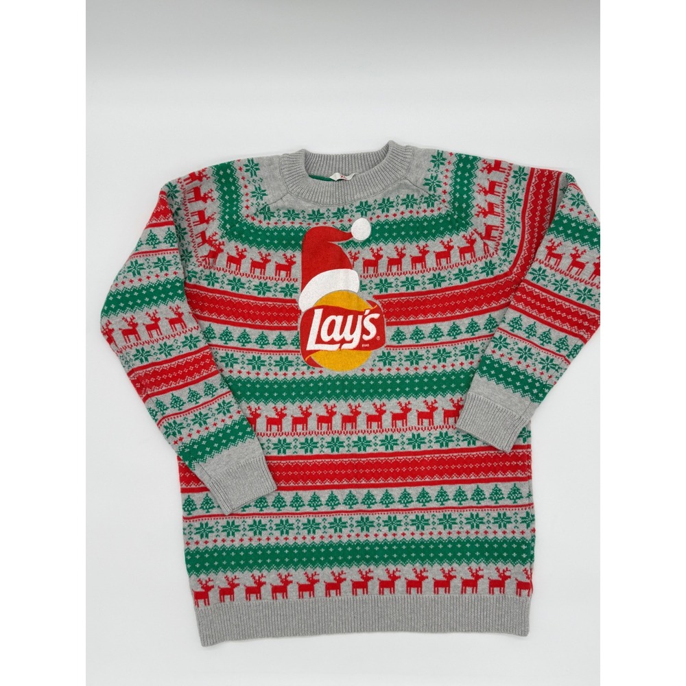 Lays Potato Chips Ugly Christmas Sweater Mens‎ XL Grey Fair Isle Reindeer Cotton